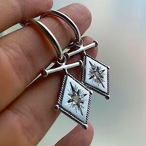 Silver North Star Starburst Zircon Dangle Drop Earrings